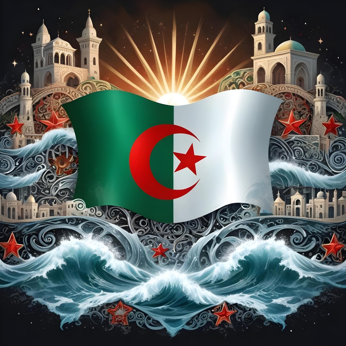 Algerian Flag With A Red Star And Crescent Surrounded By Traditional Symbols Waves And Architectural Elements Set Against A Dark Background With Radiating Light 71 4138