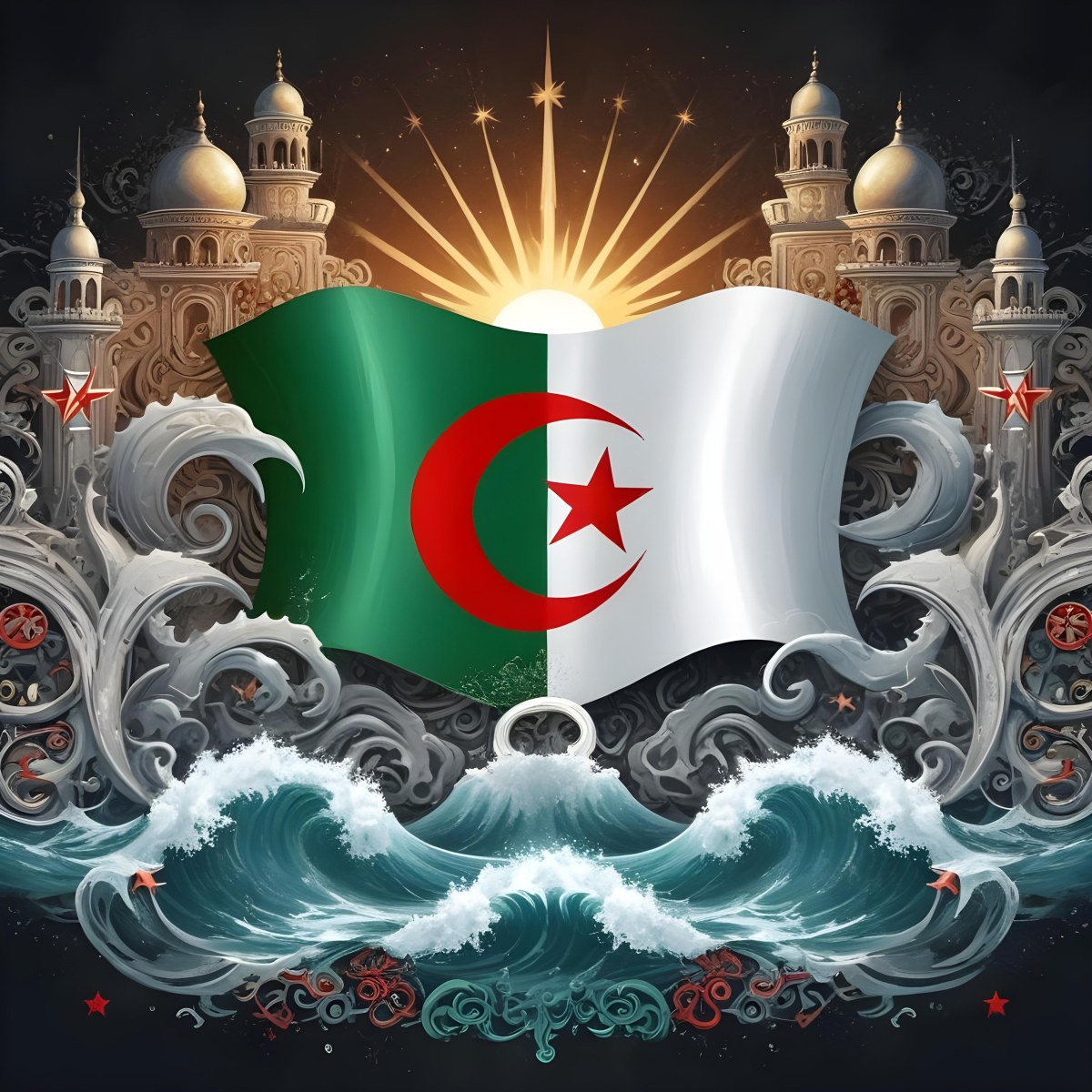Algerian Flag With A Red Star And Crescent Surrounded By Traditional Symbols Waves And Architectural Elements Set Against A Dark Background With Radiating Light 73 737a