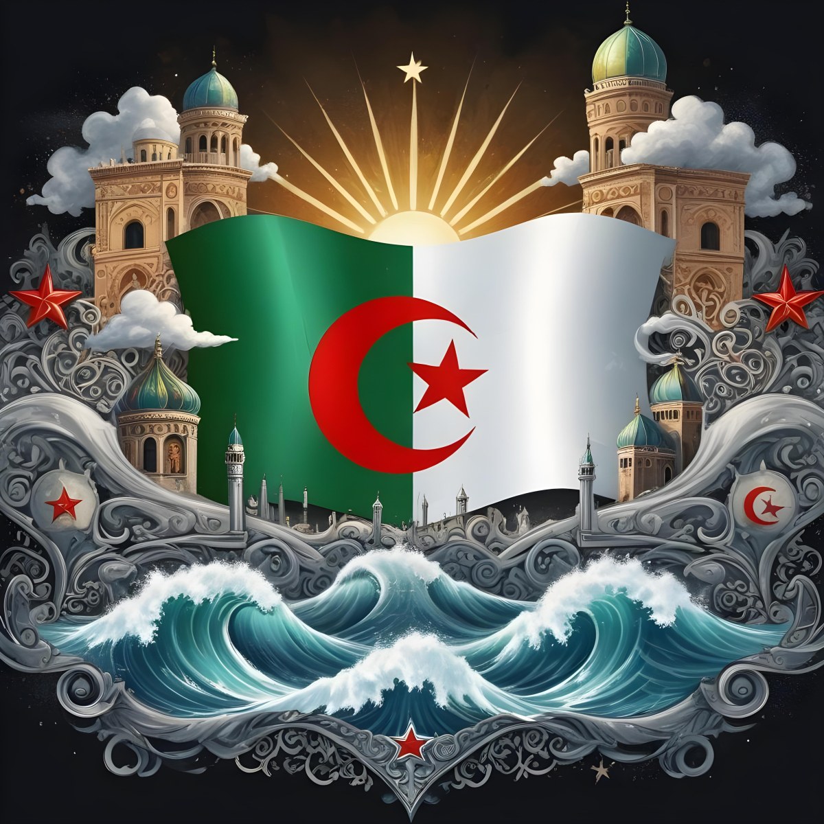 Algerian Flag With A Red Star And Crescent Surrounded By Traditional Symbols Waves And Architectural Elements Set Against A Dark Background With Radiating Light 76 A655