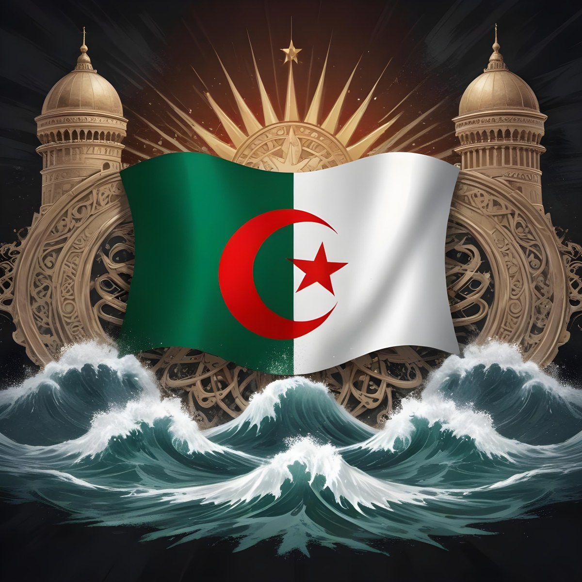 Algerian Flag With A Red Star And Crescent Surrounded By Traditional Symbols Waves And Architectural Elements Set Against A Dark Background With Radiating Light 79 4fa2