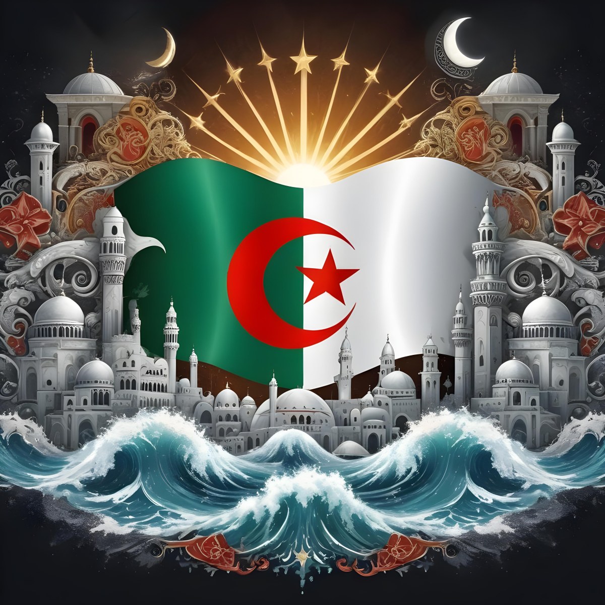 Algerian Flag With A Red Star And Crescent Surrounded By Traditional Symbols Waves And Architectural Elements Set Against A Dark Background With Radiating Light 80 5910