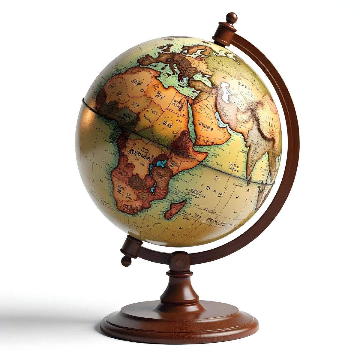 An Old Earth Globe With A Wooden Stand Showing Continents And Oceans Vintage Style On A White Background Detailed Cartography Warm Lighting Antique Appearance 14 87c0