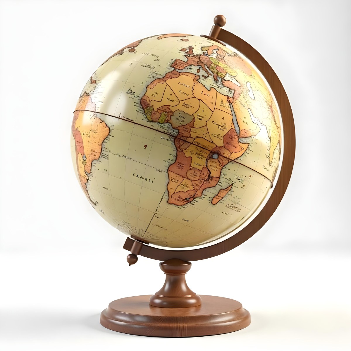 An Old Earth Globe With A Wooden Stand Showing Continents And Oceans Vintage Style On A White Background Detailed Cartography Warm Lighting Antique Appearance 21 75a1