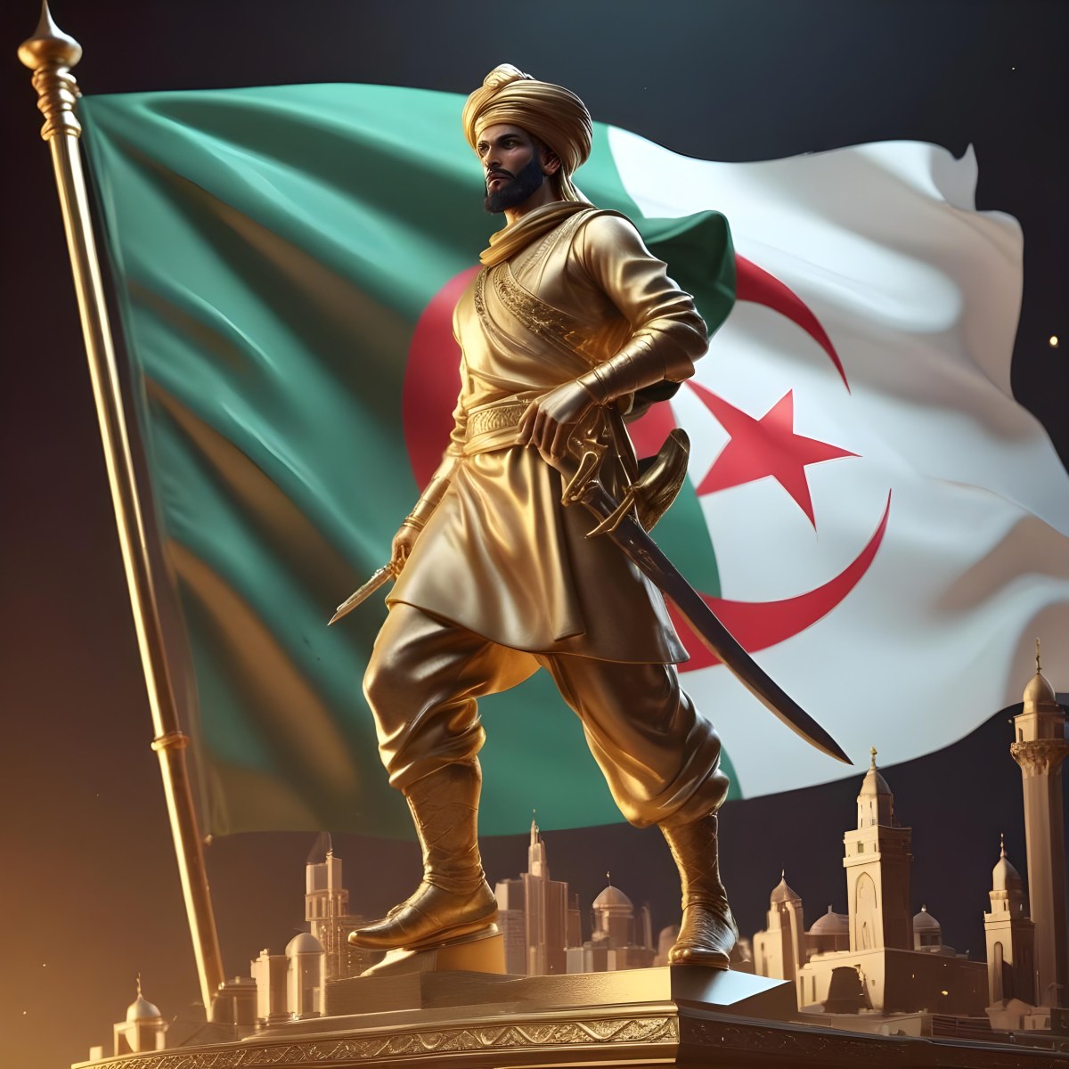 Golden Statue Of A 30 Year Old Arab Man With A Sword And A Turban In Front Of The Algerian Flag On Top Of A Golden City 4 0544