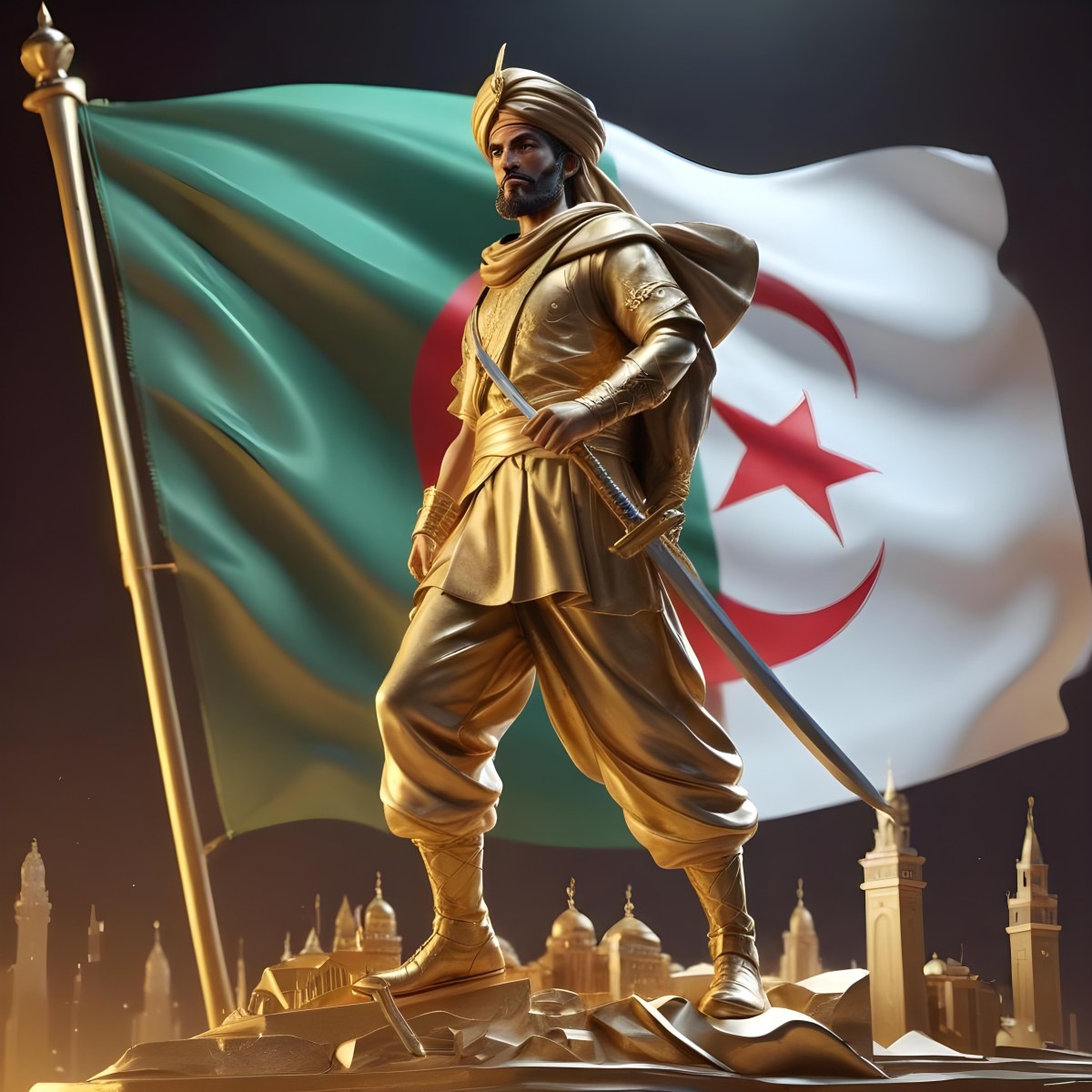 Golden Statue Of A 30 Year Old Arab Man With A Sword And A Turban In Front Of The Algerian Flag On Top Of A Golden City 5 049c