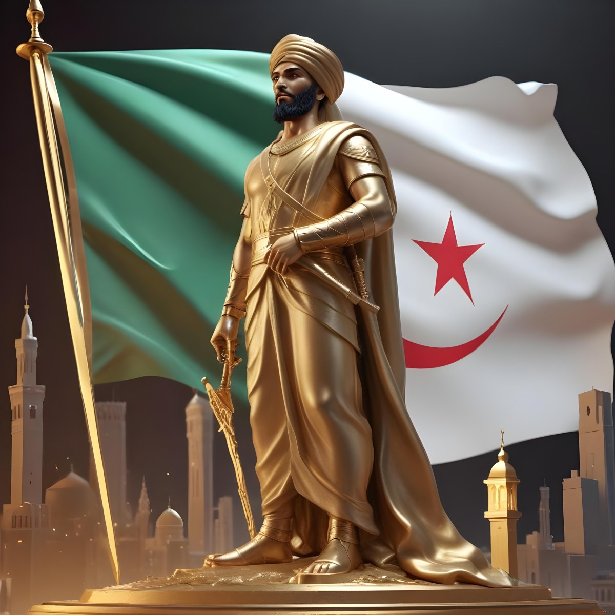 Golden Statue Of A 30 Year Old Arab Man With A Sword And A Turban In Front Of The Algerian Flag On Top Of A Golden City 6 B17a