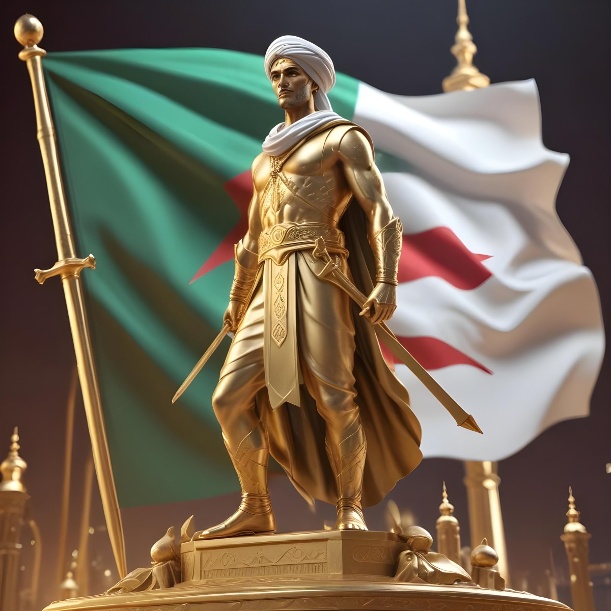 Golden Statue Of A 30 Year Old Arab Man With A Sword And A Turban In Front Of The Algerian Flag On Top Of A Golden City 7 A611