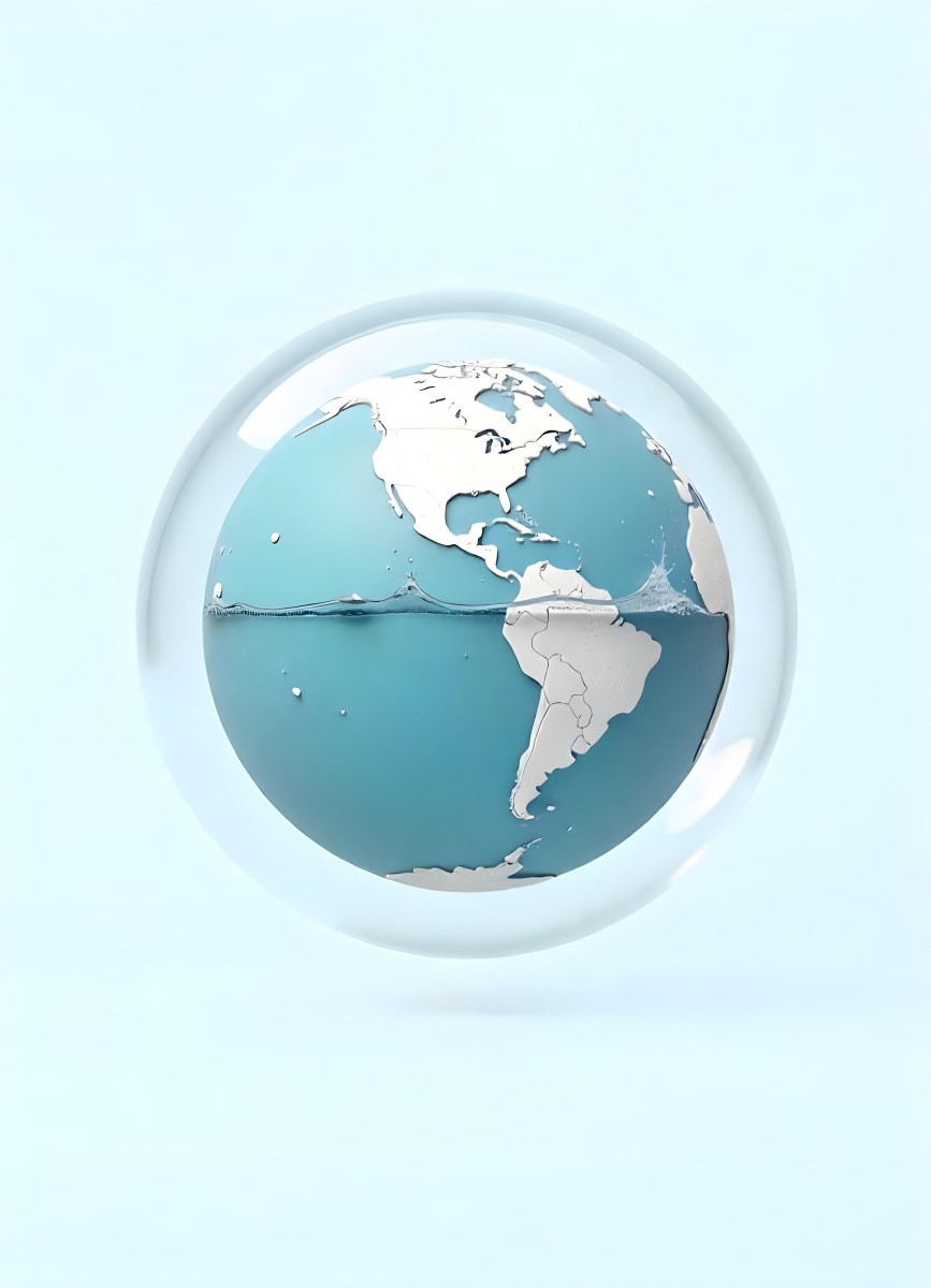 Planet Earth Inside A Water Bubble With South America In Front Water Splashing Inside The Bubble Light Blue Background 13 39f2