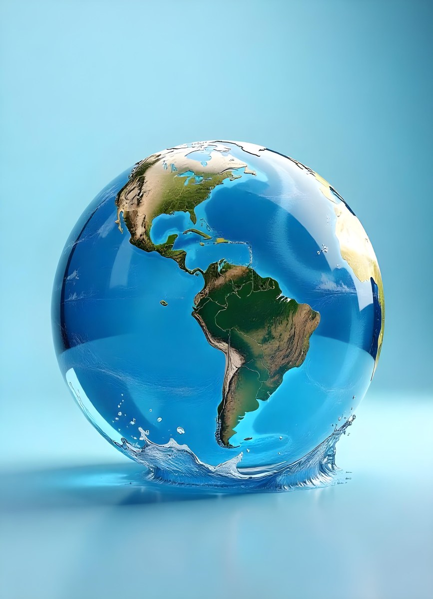 Planet Earth Inside A Water Bubble With South America In Front Water Splashing Inside The Bubble Light Blue Background 2 791a