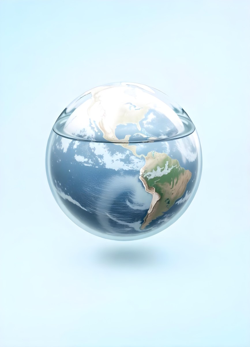Planet Earth Inside A Water Bubble With South America In Front Water Splashing Inside The Bubble Light Blue Background 24 419b