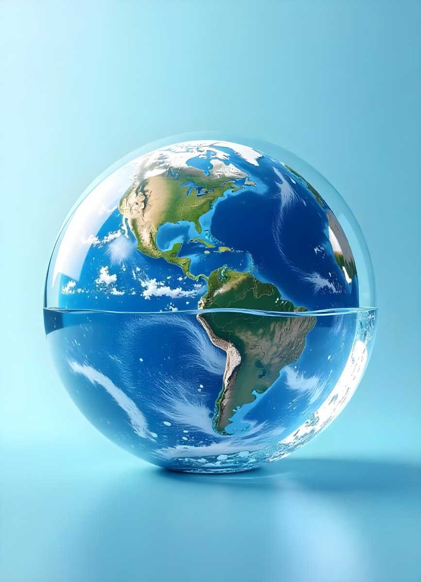 Planet Earth Inside A Water Bubble With South America In Front Water Splashing Inside The Bubble Light Blue Background 3 1c98