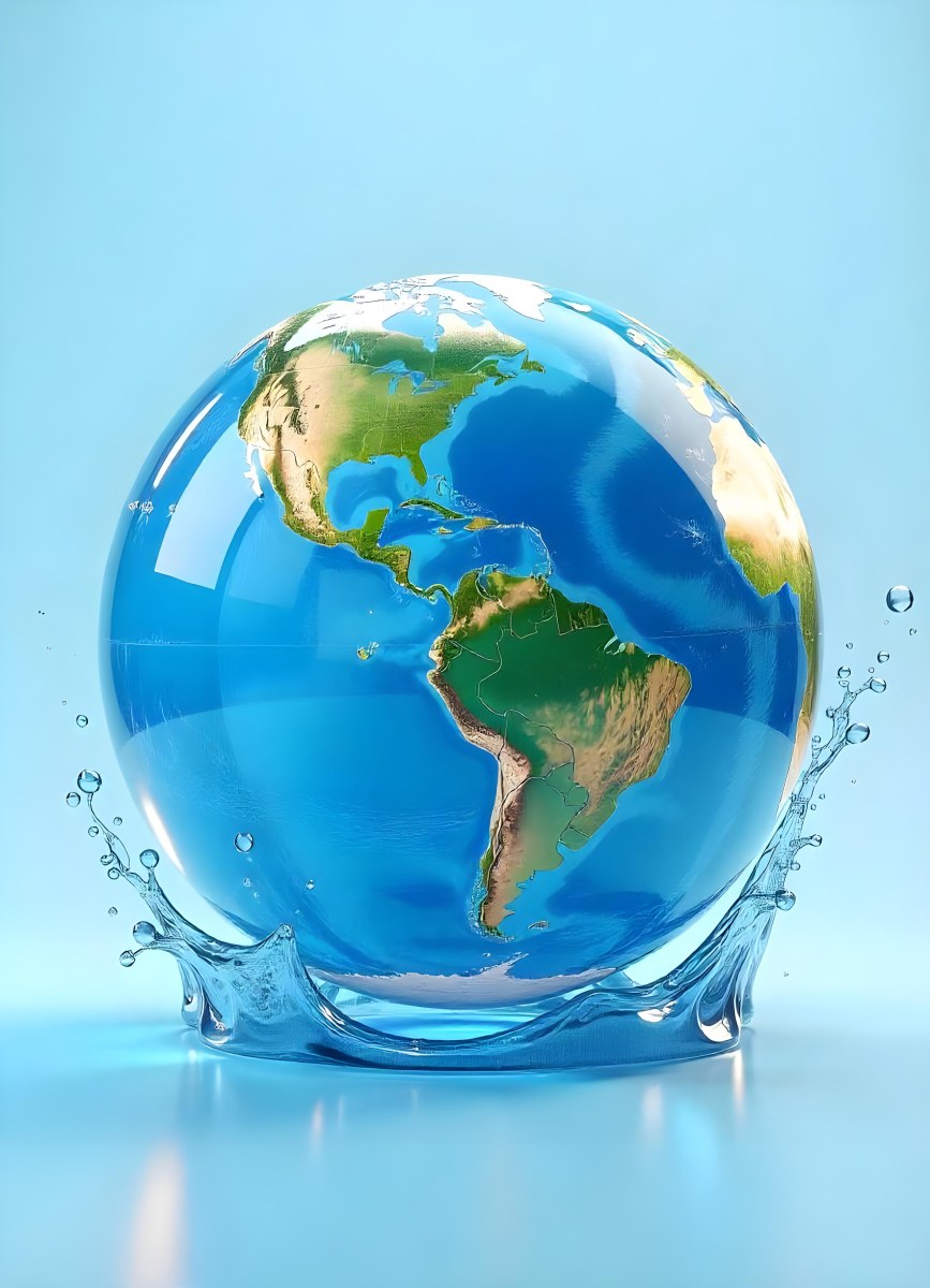 Planet Earth Inside A Water Bubble With South America In Front Water Splashing Inside The Bubble Light Blue Background 7 4aec