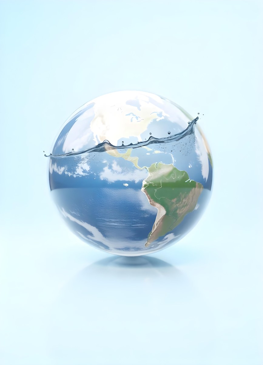 Planet Earth Inside A Water Bubble With South America In Front Water Splashing Inside The Bubble Light Blue Background 9 A570