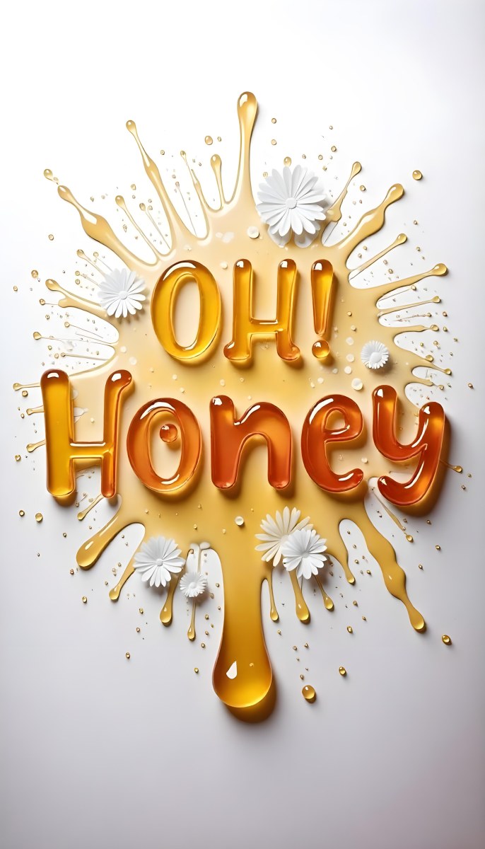The Words Oh Honey Made Of Honey With Honey Drops And Splashes On A White Background 19 C3d1