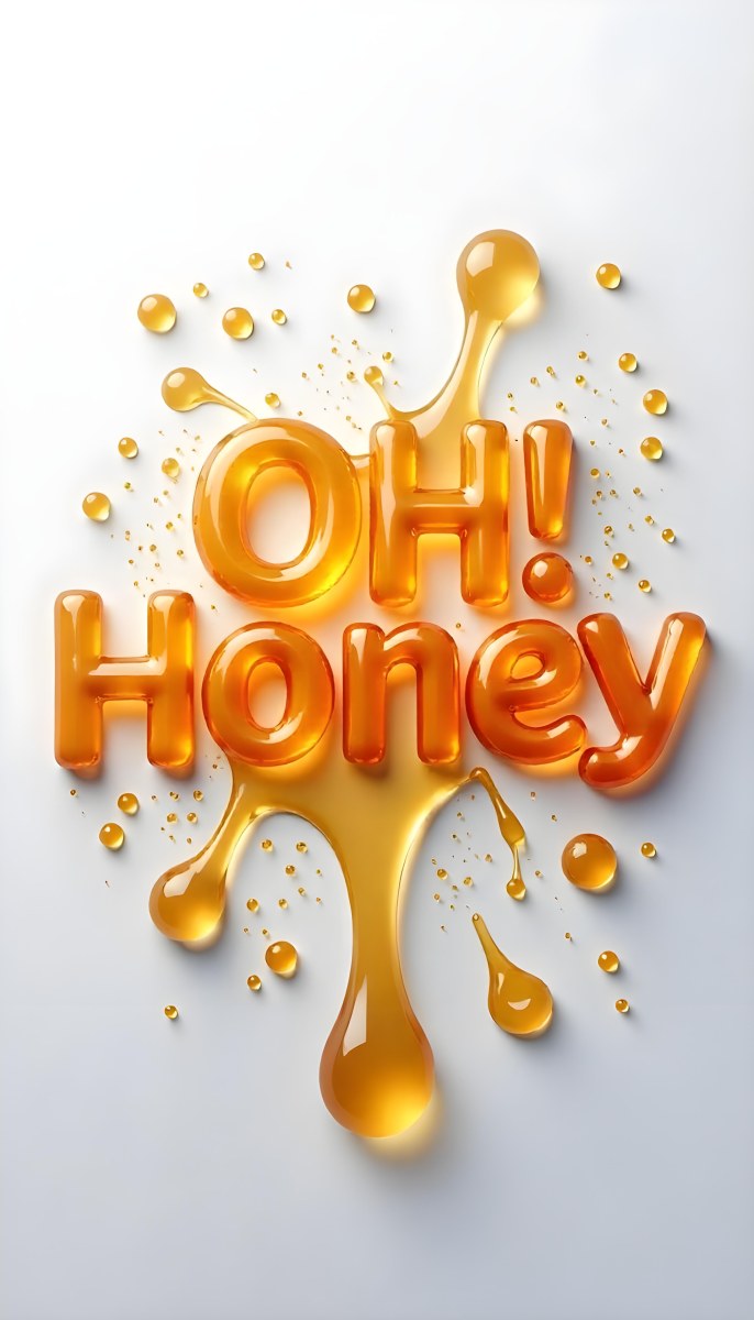 The Words Oh Honey Made Of Honey With Honey Drops And Splashes On A White Background 32 C9cc