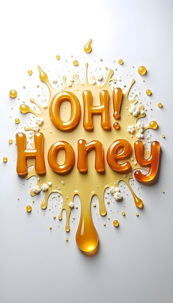 The Words Oh Honey Made Of Honey With Honey Drops And Splashes On A White Background 37 6873