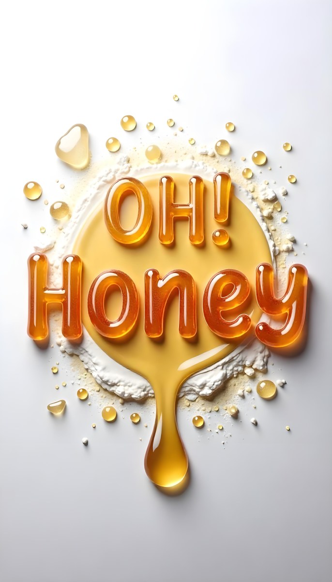 The Words Oh Honey Made Of Honey With Honey Drops And Splashes On A White Background 38 5686