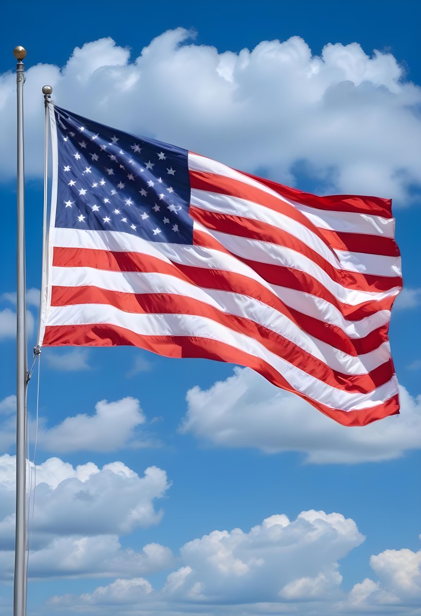 United States Of America Flag Waving In The Wind Blue Sky With Clouds 15 9a10