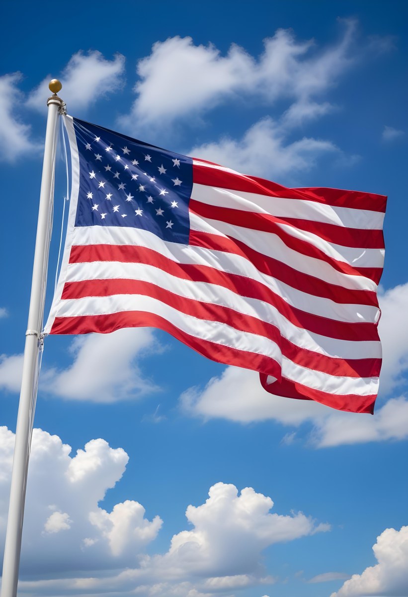 United States Of America Flag Waving In The Wind Blue Sky With Clouds 6 9110