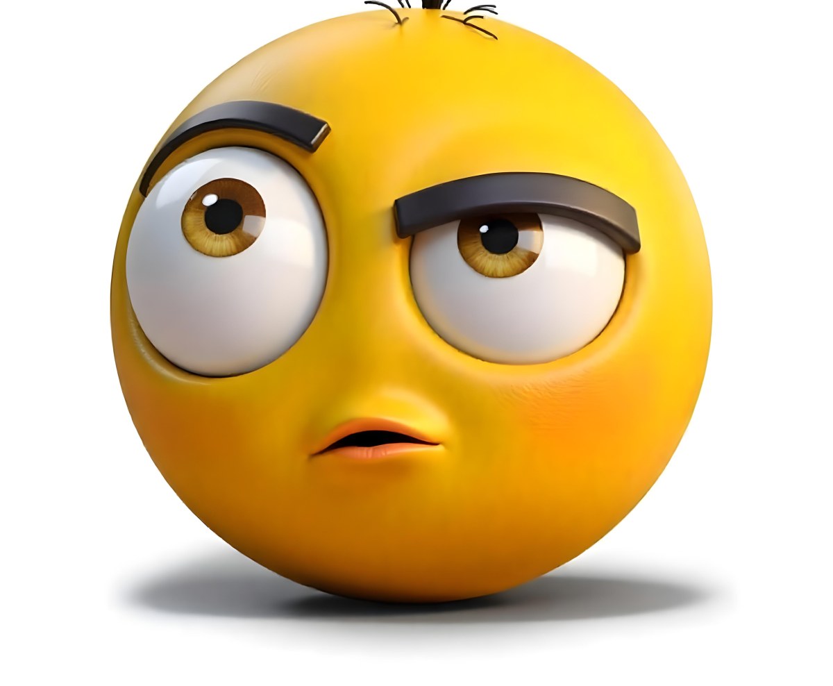 Yellow Emoji With Big Eyes And Thick Eyebrows Looking To The Left Small Mouth White Background 2 6603