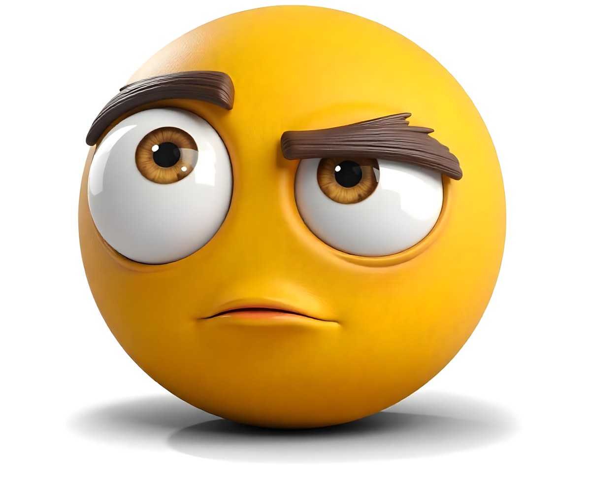 Yellow Emoji With Big Eyes And Thick Eyebrows Looking To The Left Small Mouth White Background 4 46f4
