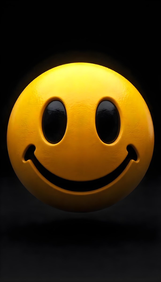 Yellow Smiley Face With Black Eyes And Mouth On A Black Background 3 F9b4