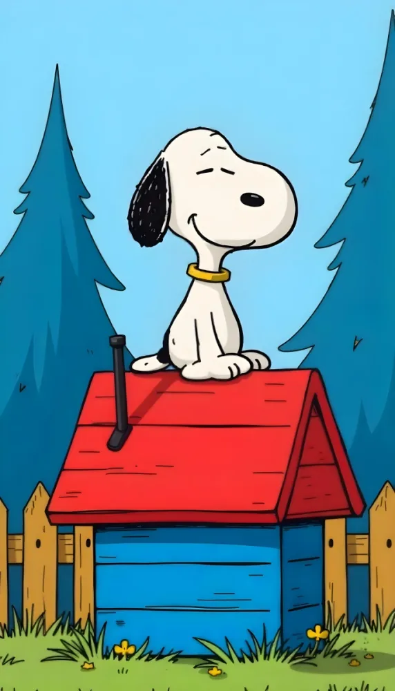 Snoopy Sitting On A Blue And Red Birdhouse With A Yellow Roof Black Fur Red Ears Yellow Collar Wooden Fence And Blue Trees In The Background 13 31f0