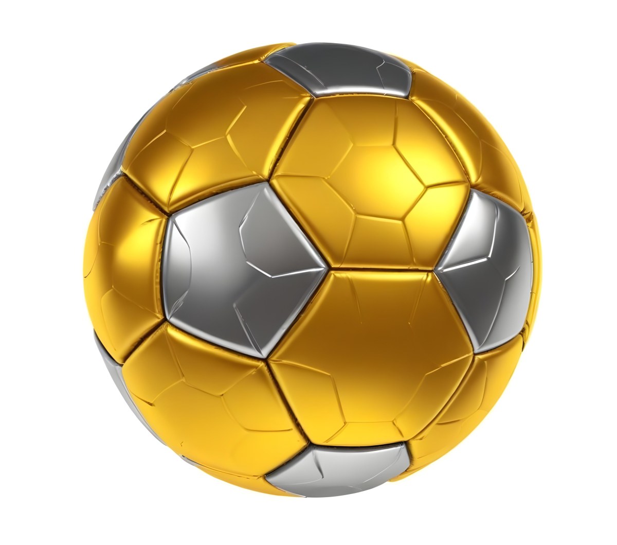 3d Model A Golden And Silver Soccer Ball With Hexagonal Pattern Shiny Texture Dynamic Lighting Isolated On A White Background Sports Equipment Competitive Spirit Victory Symbol Figure Octane Render Volumetric 10 F38a