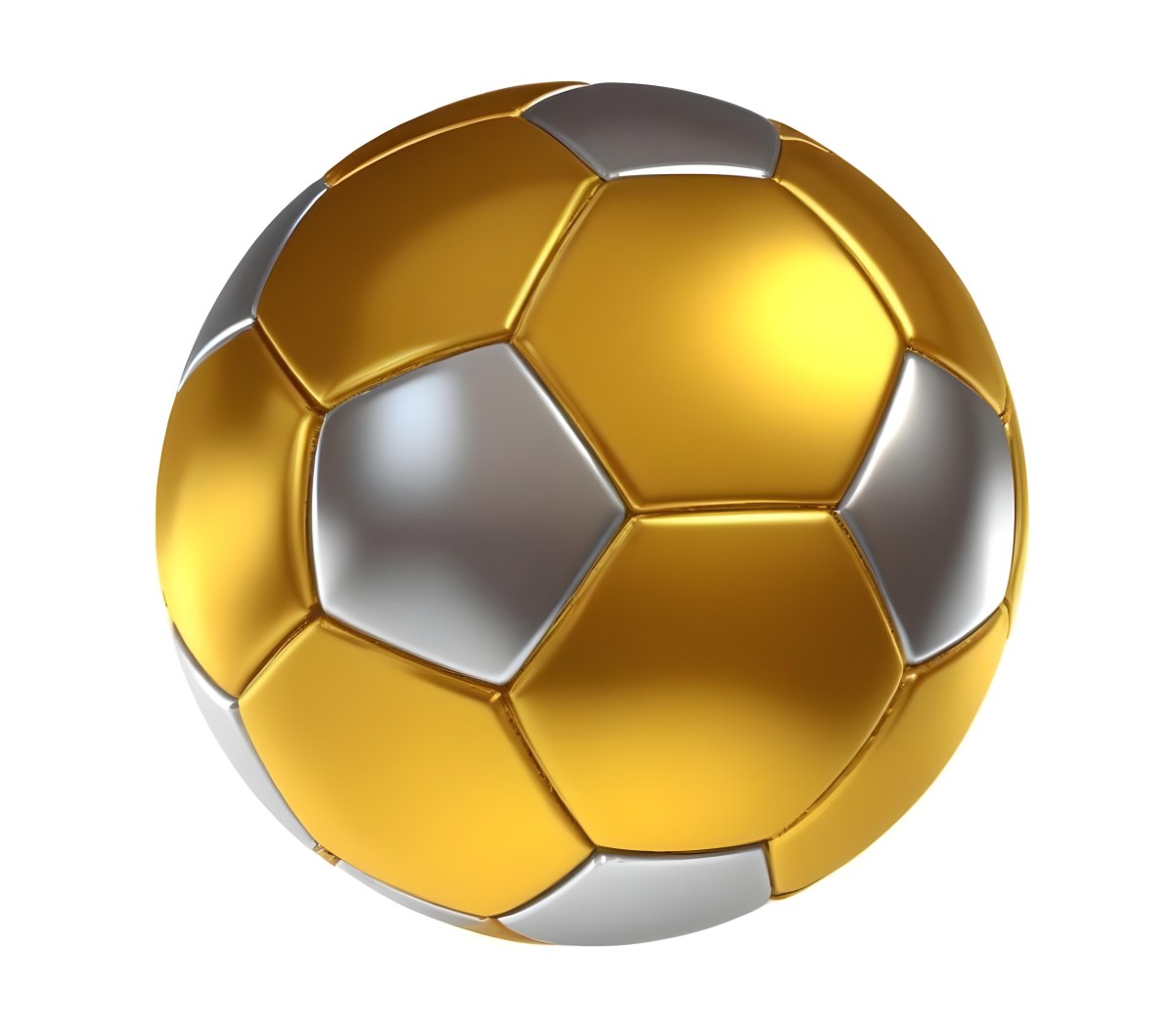 3d Model A Golden And Silver Soccer Ball With Hexagonal Pattern Shiny Texture Dynamic Lighting Isolated On A White Background Sports Equipment Competitive Spirit Victory Symbol Figure Octane Render Volumetric 24 Ea56