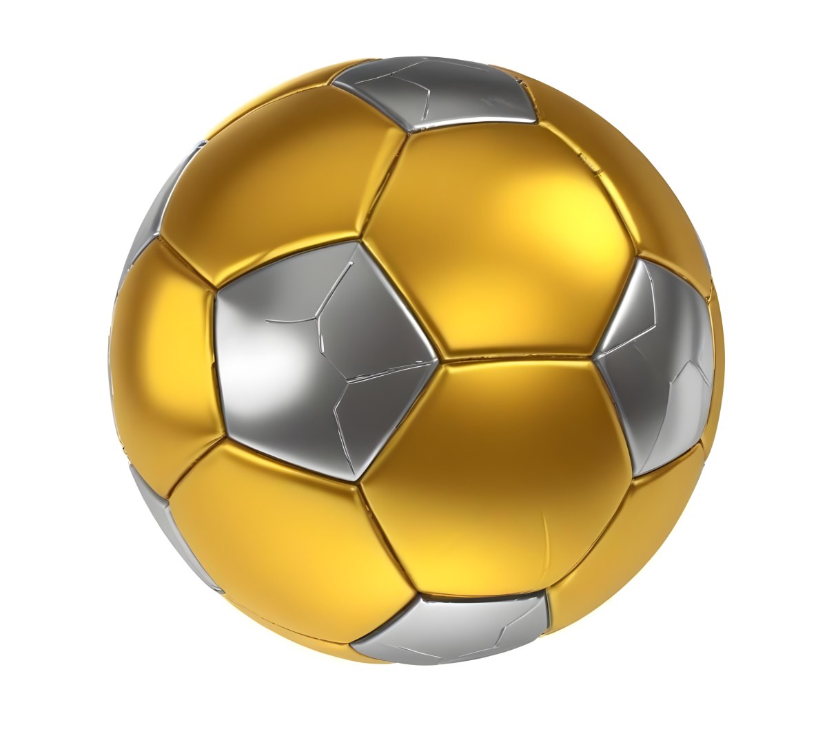 3d Model A Golden And Silver Soccer Ball With Hexagonal Pattern Shiny Texture Dynamic Lighting Isolated On A White Background Sports Equipment Competitive Spirit Victory Symbol Figure Octane Render Volumetric 35 Ab38