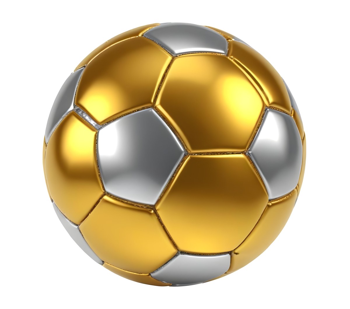 3d Model A Golden And Silver Soccer Ball With Hexagonal Pattern Shiny Texture Dynamic Lighting Isolated On A White Background Sports Equipment Competitive Spirit Victory Symbol Figure Octane Render Volumetric 36 C202