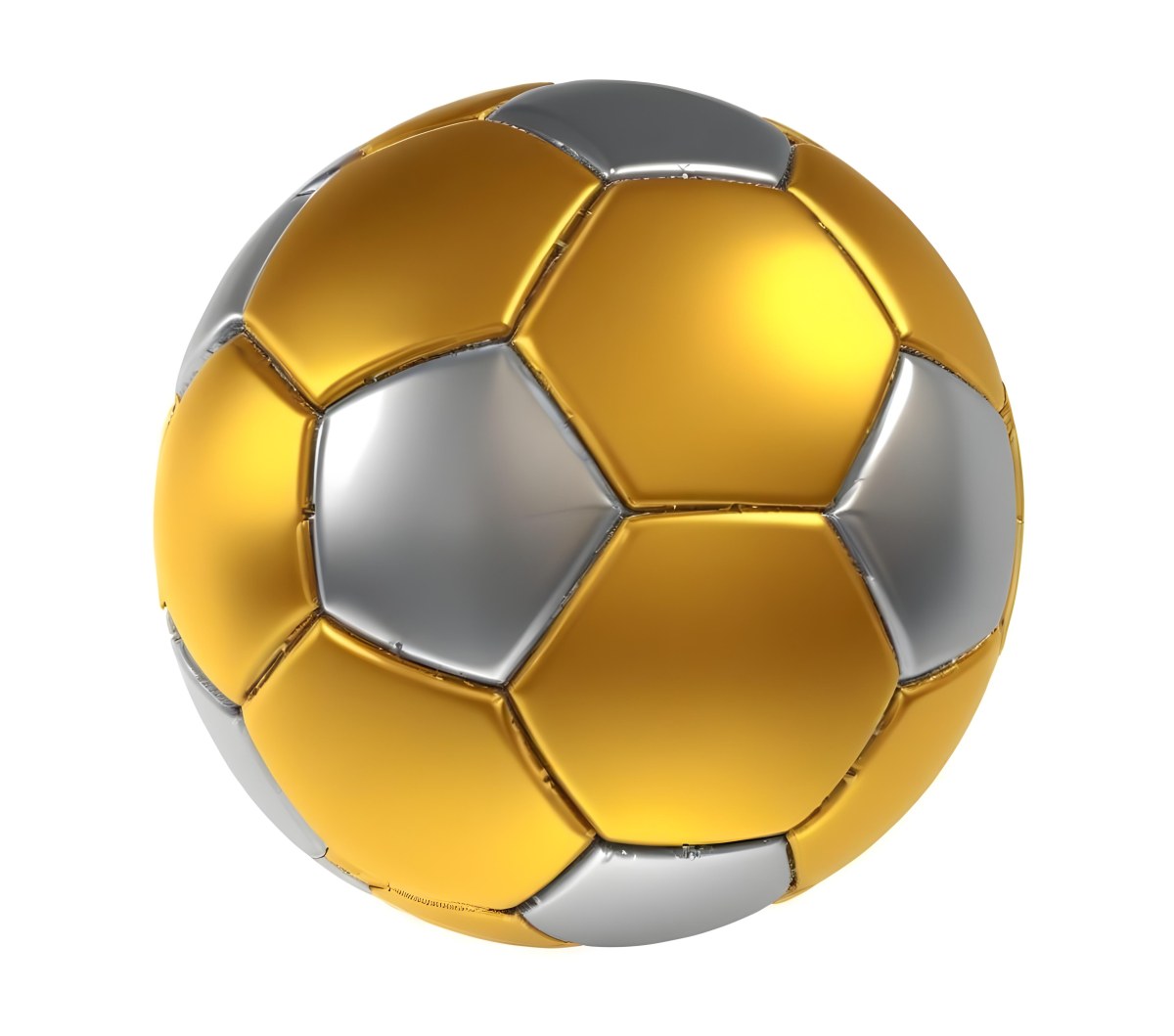 3d Model A Golden And Silver Soccer Ball With Hexagonal Pattern Shiny Texture Dynamic Lighting Isolated On A White Background Sports Equipment Competitive Spirit Victory Symbol Figure Octane Render Volumetric 39 5261