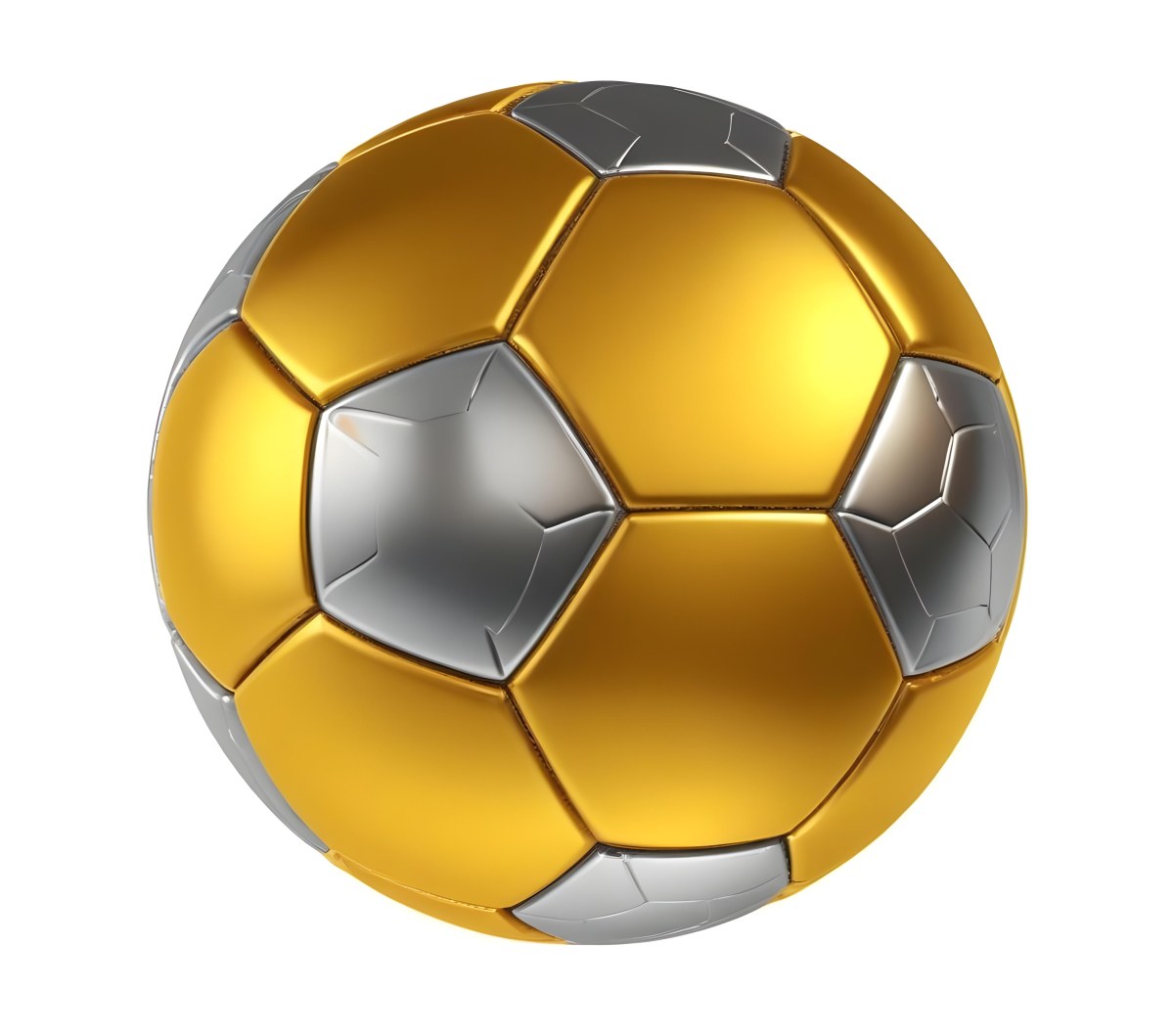 3d Model A Golden And Silver Soccer Ball With Hexagonal Pattern Shiny Texture Dynamic Lighting Isolated On A White Background Sports Equipment Competitive Spirit Victory Symbol Figure Octane Render Volumetric 4 8420