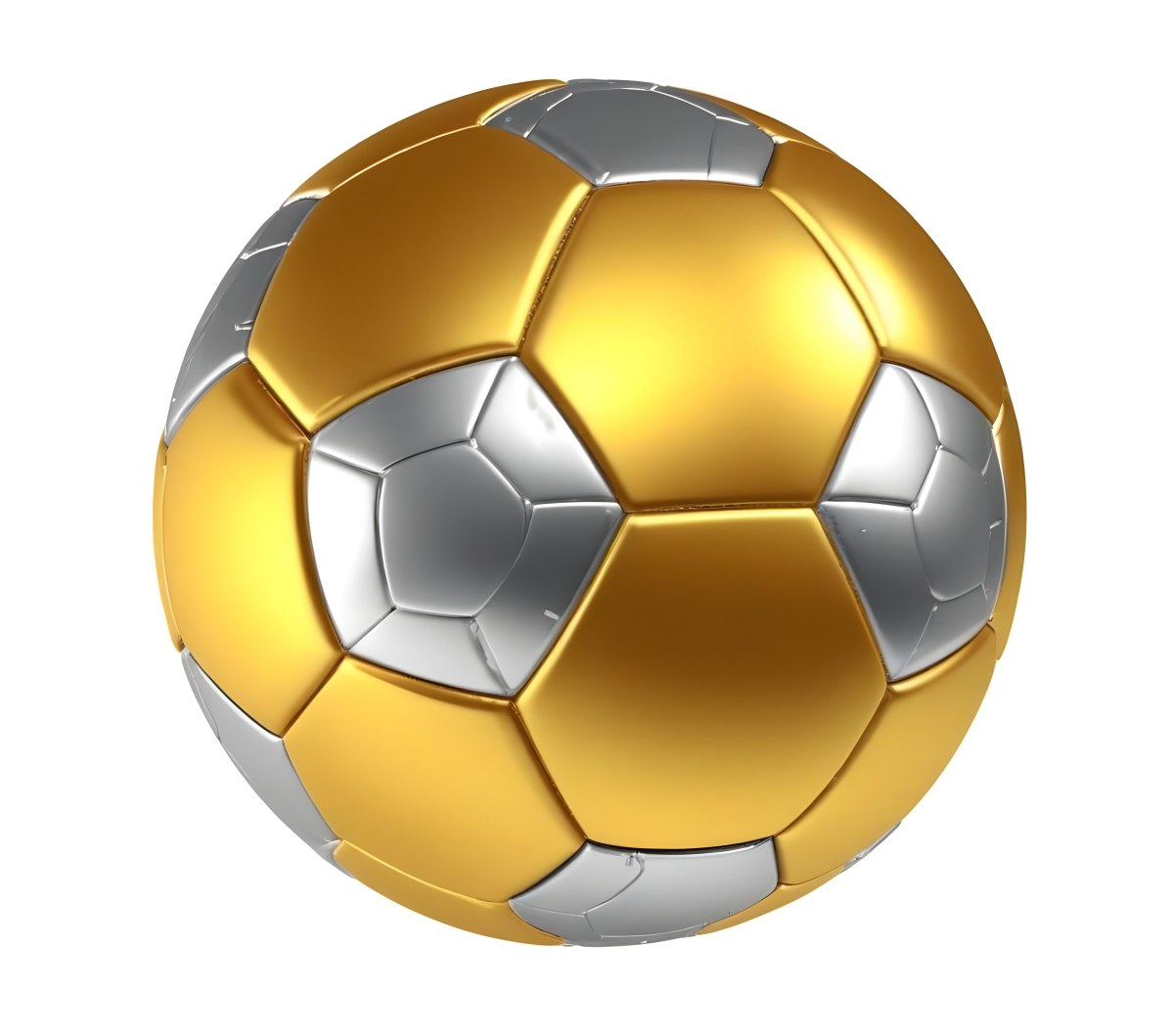 3d Model A Golden And Silver Soccer Ball With Hexagonal Pattern Shiny Texture Dynamic Lighting Isolated On A White Background Sports Equipment Competitive Spirit Victory Symbol Figure Octane Render Volumetric 40 Ecc1