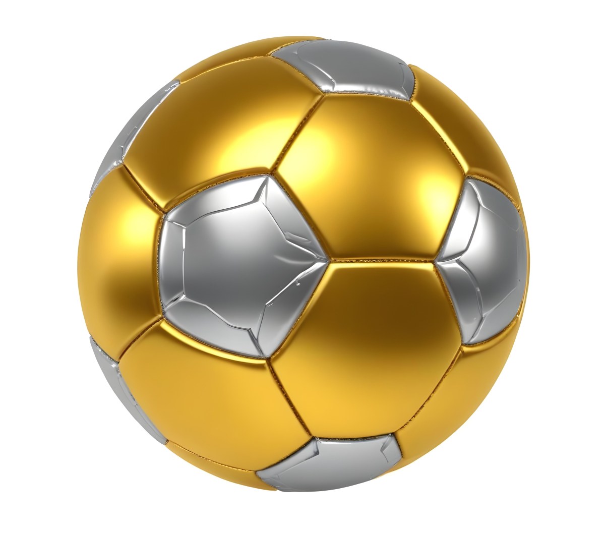 3d Model A Golden And Silver Soccer Ball With Hexagonal Pattern Shiny Texture Dynamic Lighting Isolated On A White Background Sports Equipment Competitive Spirit Victory Symbol Figure Octane Render Volumetric 41 B71a