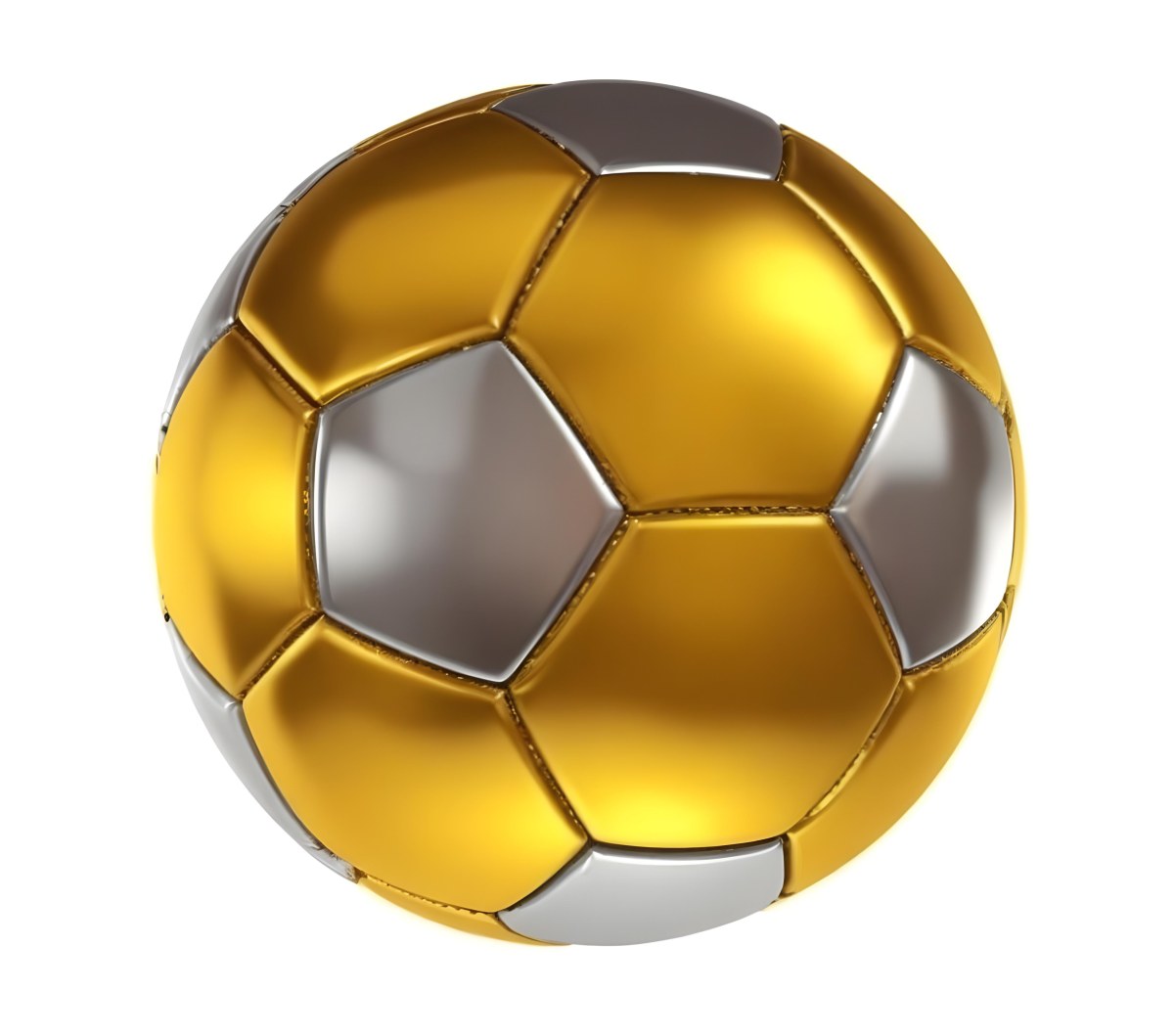3d Model A Golden And Silver Soccer Ball With Hexagonal Pattern Shiny Texture Dynamic Lighting Isolated On A White Background Sports Equipment Competitive Spirit Victory Symbol Figure Octane Render Volumetric 5 3777