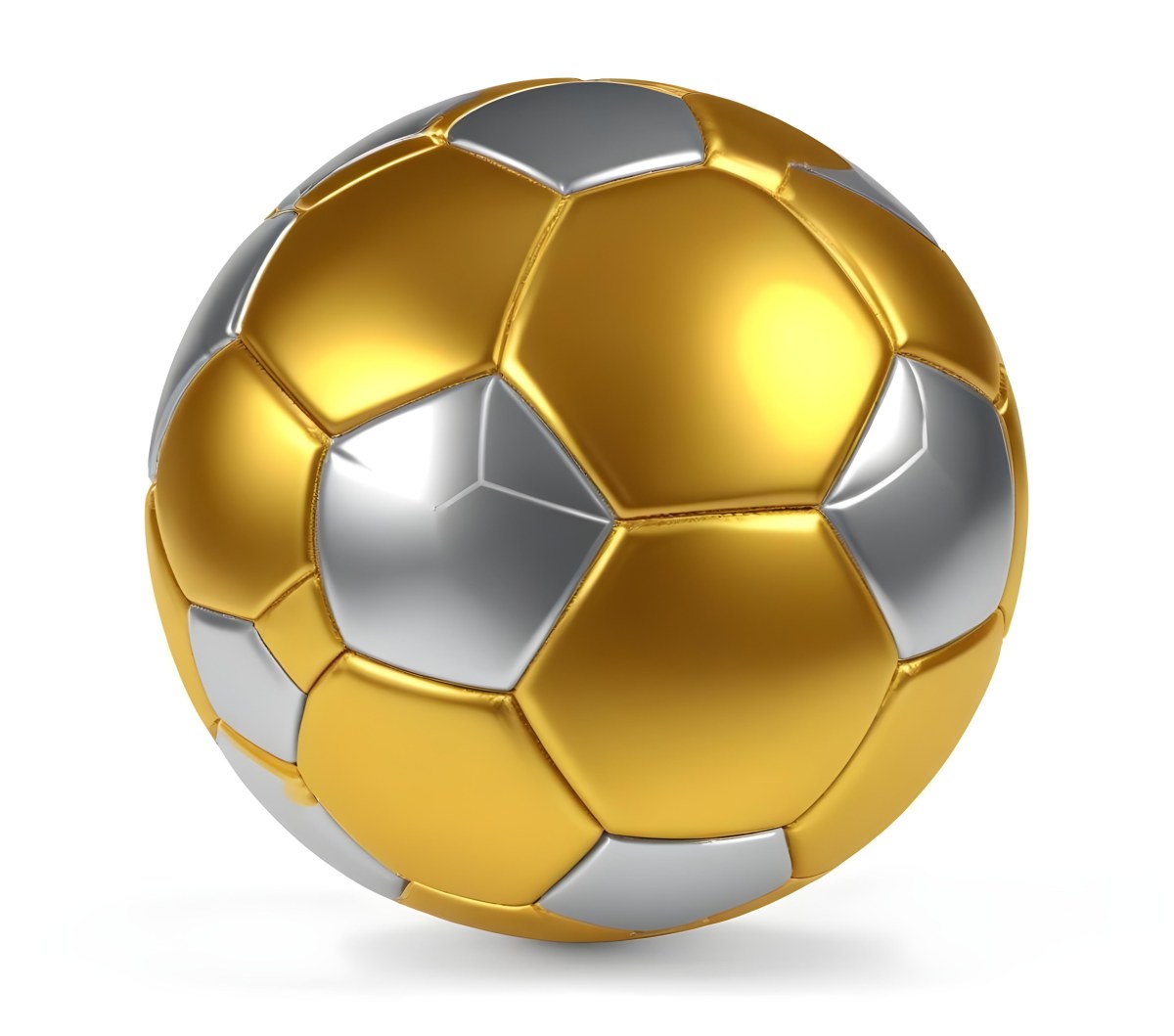 3d Model A Golden And Silver Soccer Ball With Hexagonal Pattern Shiny Texture Dynamic Lighting Isolated On A White Background Sports Equipment Competitive Spirit Victory Symbol Figure Octane Render Volumetric 6 00e2