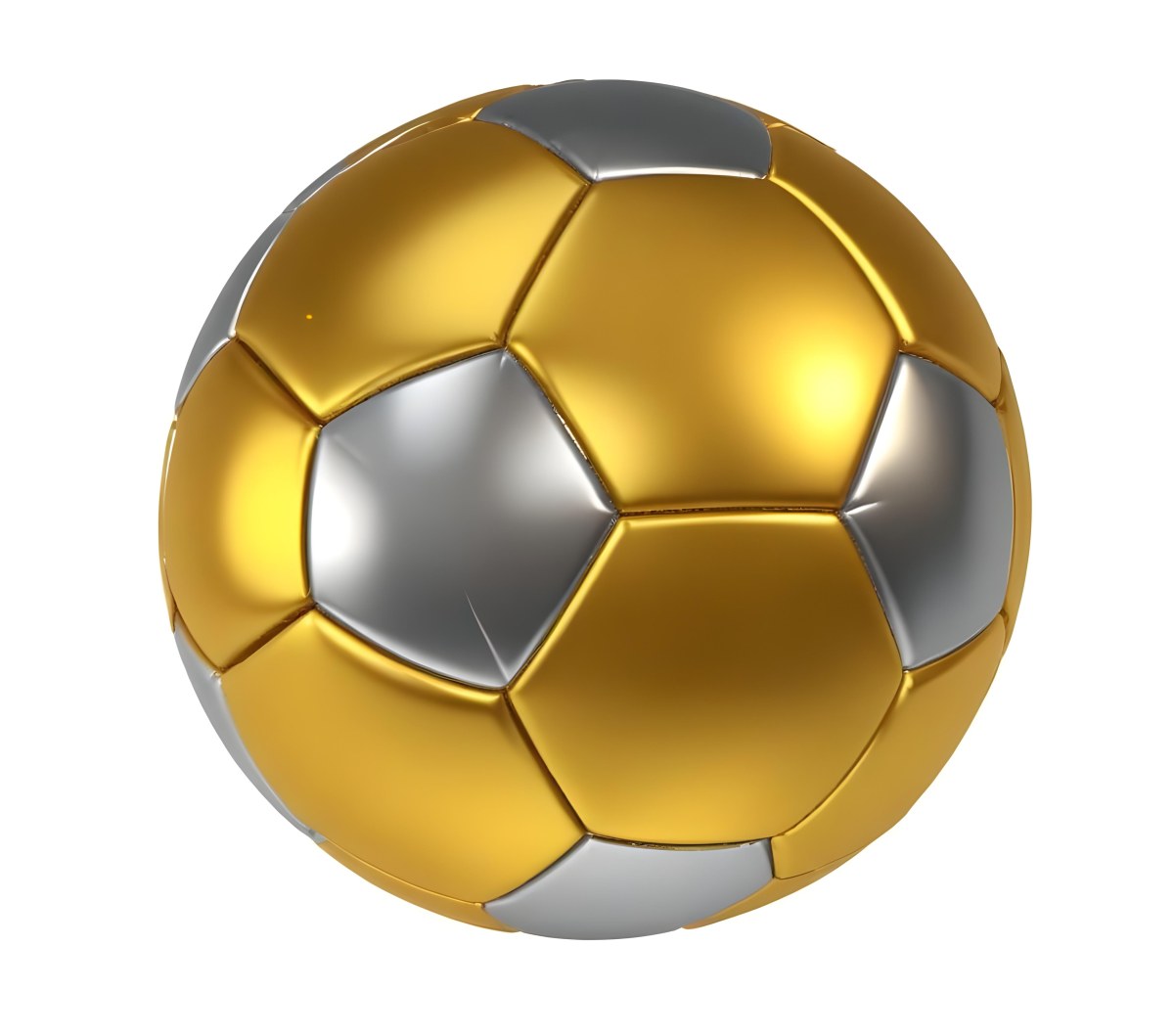 3d Model A Golden And Silver Soccer Ball With Hexagonal Pattern Shiny Texture Dynamic Lighting Isolated On A White Background Sports Equipment Competitive Spirit Victory Symbol Figure Octane Render Volumetric 7 A956