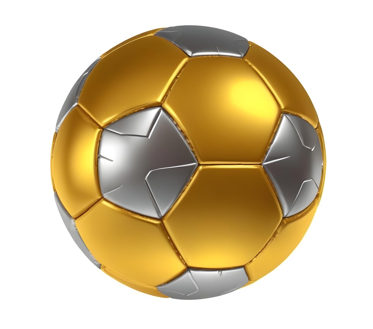 3d Model A Golden And Silver Soccer Ball With Hexagonal Pattern Shiny Texture Dynamic Lighting Isolated On A White Background Sports Equipment Competitive Spirit Victory Symbol Figure Octane Render Volumetric 8 442c