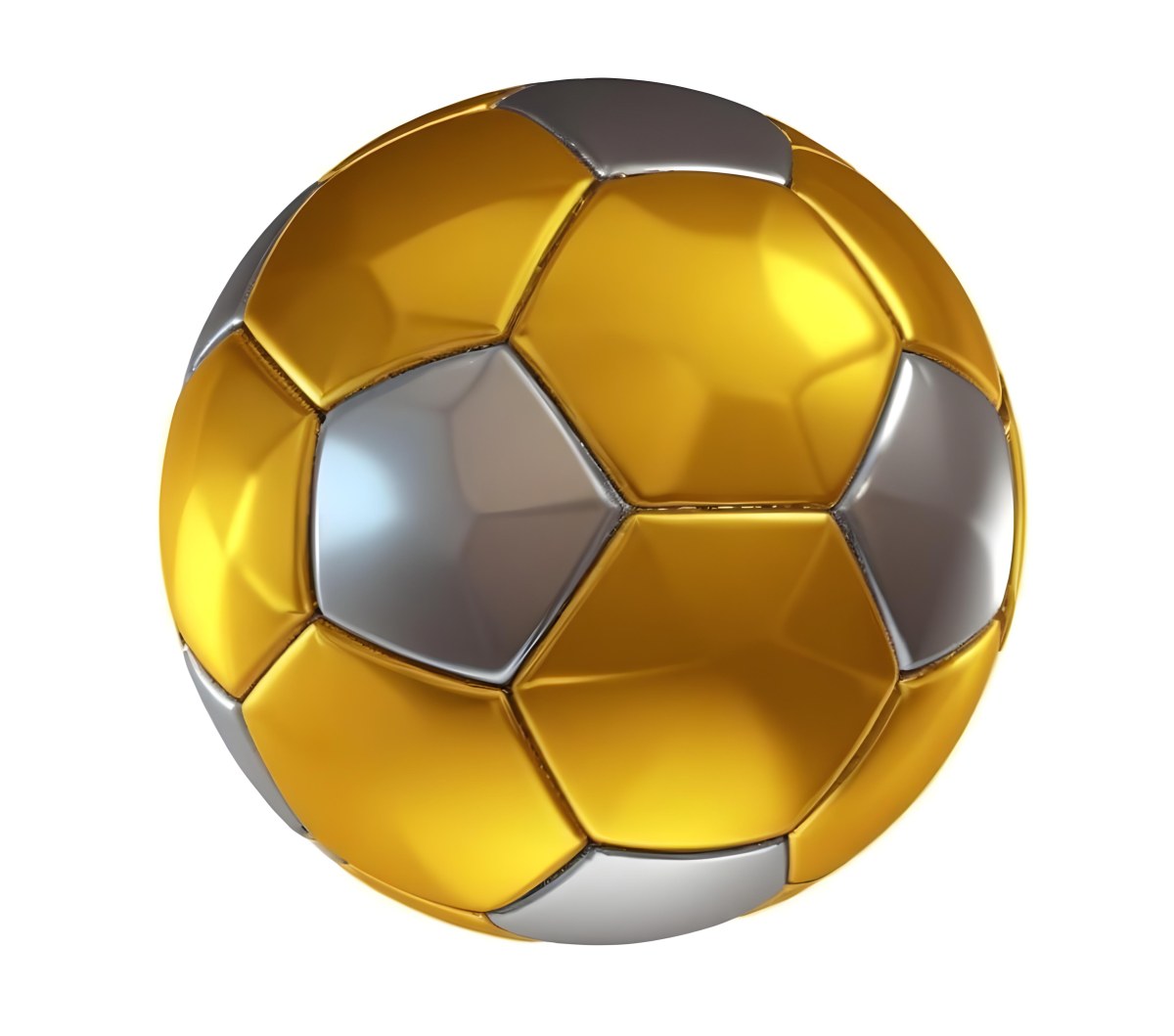3d Model A Golden And Silver Soccer Ball With Hexagonal Pattern Shiny Texture Dynamic Lighting Isolated On A White Background Sports Equipment Competitive Spirit Victory Symbol Figure Octane Render Volumetric 9 Ecae