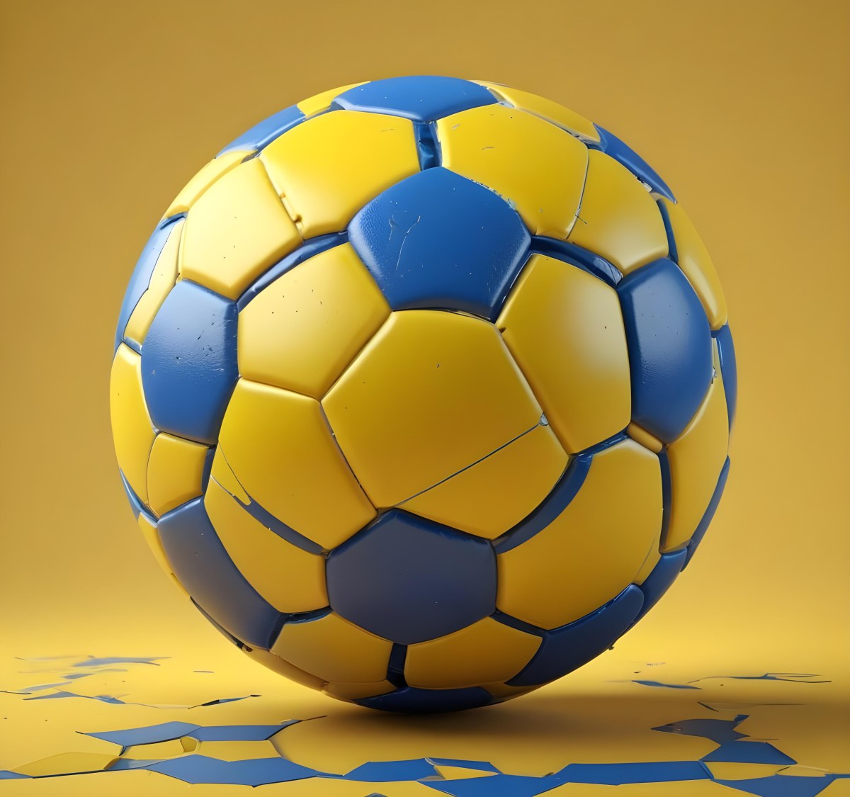 3d Model A Soccer Ball With Yellow And Blue Hexagons In A Yellow Background Figure Octane Render Volumetric Highly Detailed Videogame Aesthetic 18 91bb