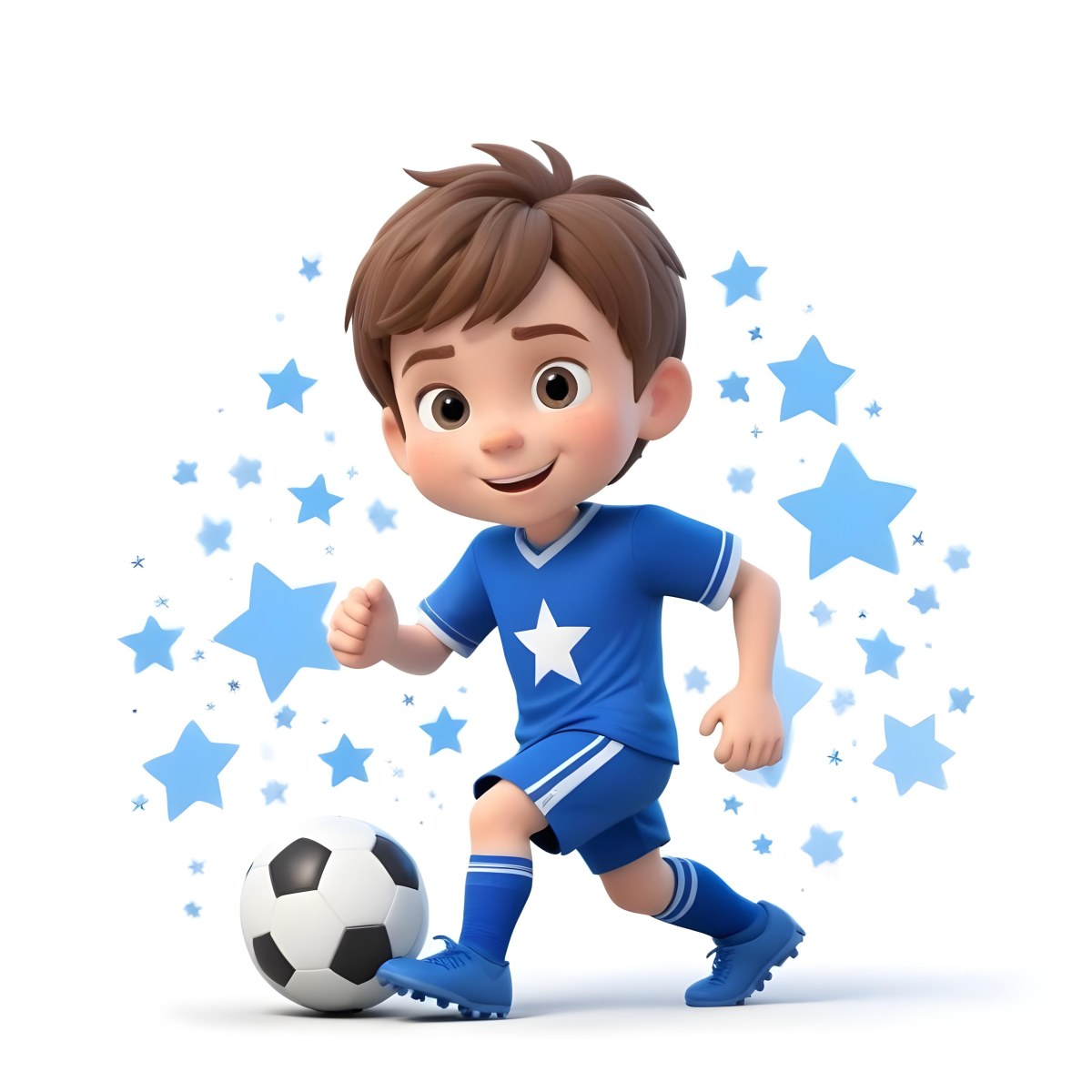A 7 Year Old White Boy With Brown Hair Wearing A Blue Soccer Uniform Playing With A Soccer Ball Soccer Balls And Blue Stars In The Background 1 A9c2