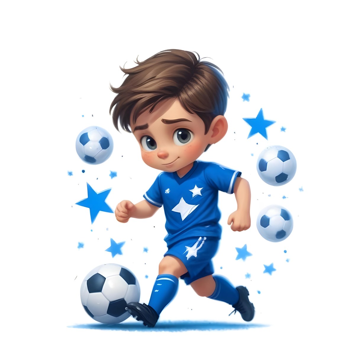 A 7 Year Old White Boy With Brown Hair Wearing A Blue Soccer Uniform Playing With A Soccer Ball Soccer Balls And Blue Stars In The Background 19 9b1c