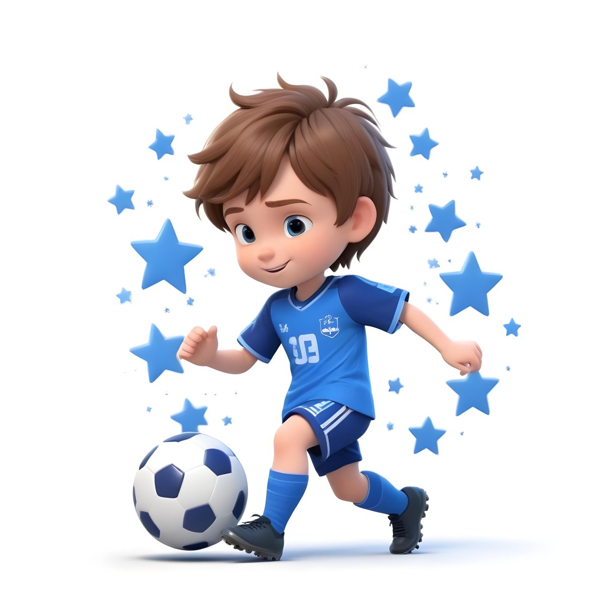 A 7 Year Old White Boy With Brown Hair Wearing A Blue Soccer Uniform Playing With A Soccer Ball Soccer Balls And Blue Stars In The Background 22 A303