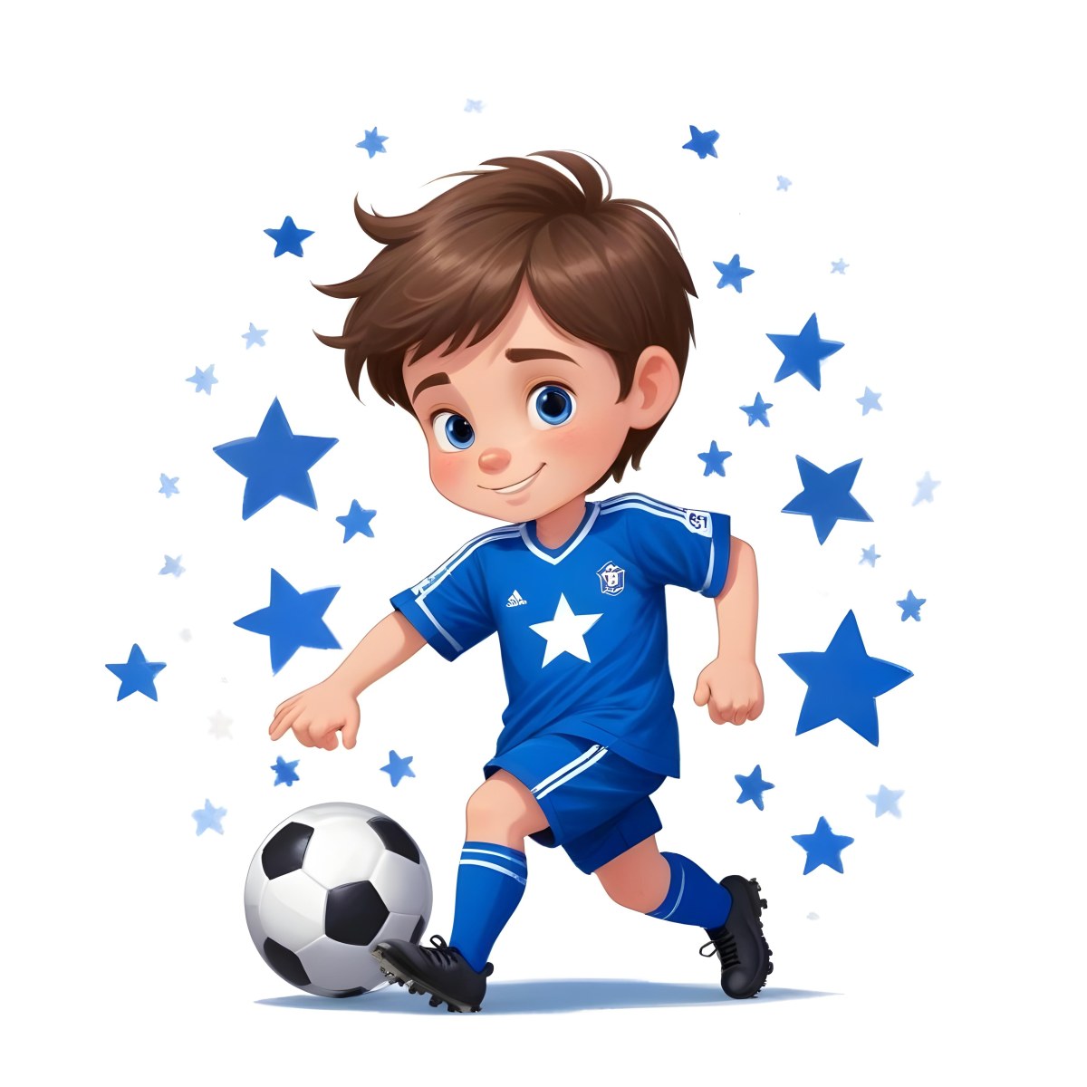 A 7 Year Old White Boy With Brown Hair Wearing A Blue Soccer Uniform Playing With A Soccer Ball Soccer Balls And Blue Stars In The Background 36 D8b1