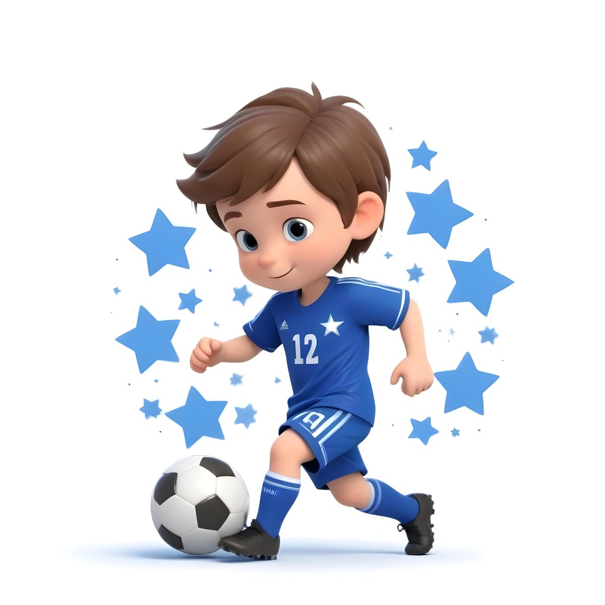 A 7 Year Old White Boy With Brown Hair Wearing A Blue Soccer Uniform Playing With A Soccer Ball Soccer Balls And Blue Stars In The Background 4 8f66
