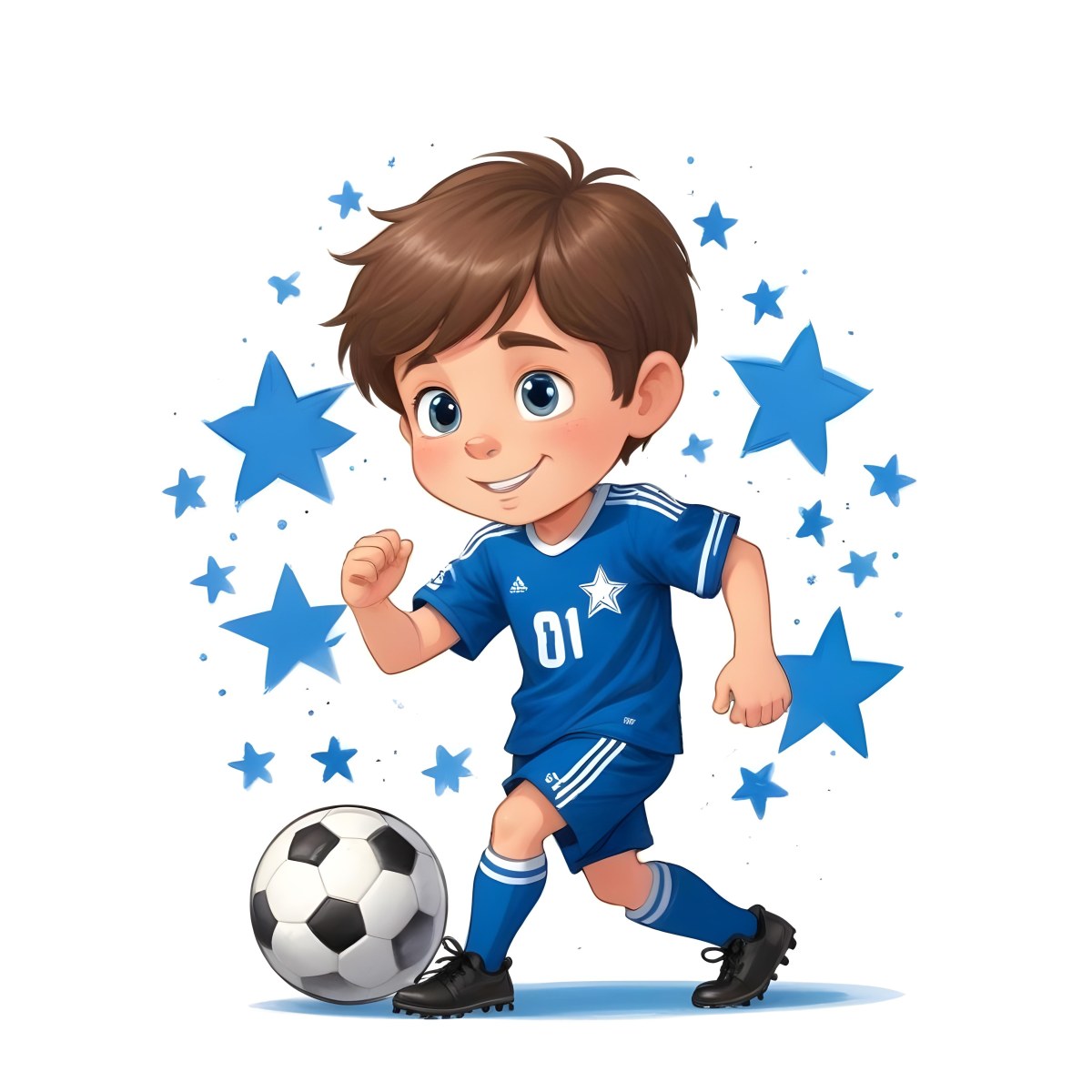 A 7 Year Old White Boy With Brown Hair Wearing A Blue Soccer Uniform Playing With A Soccer Ball Soccer Balls And Blue Stars In The Background 45 5016