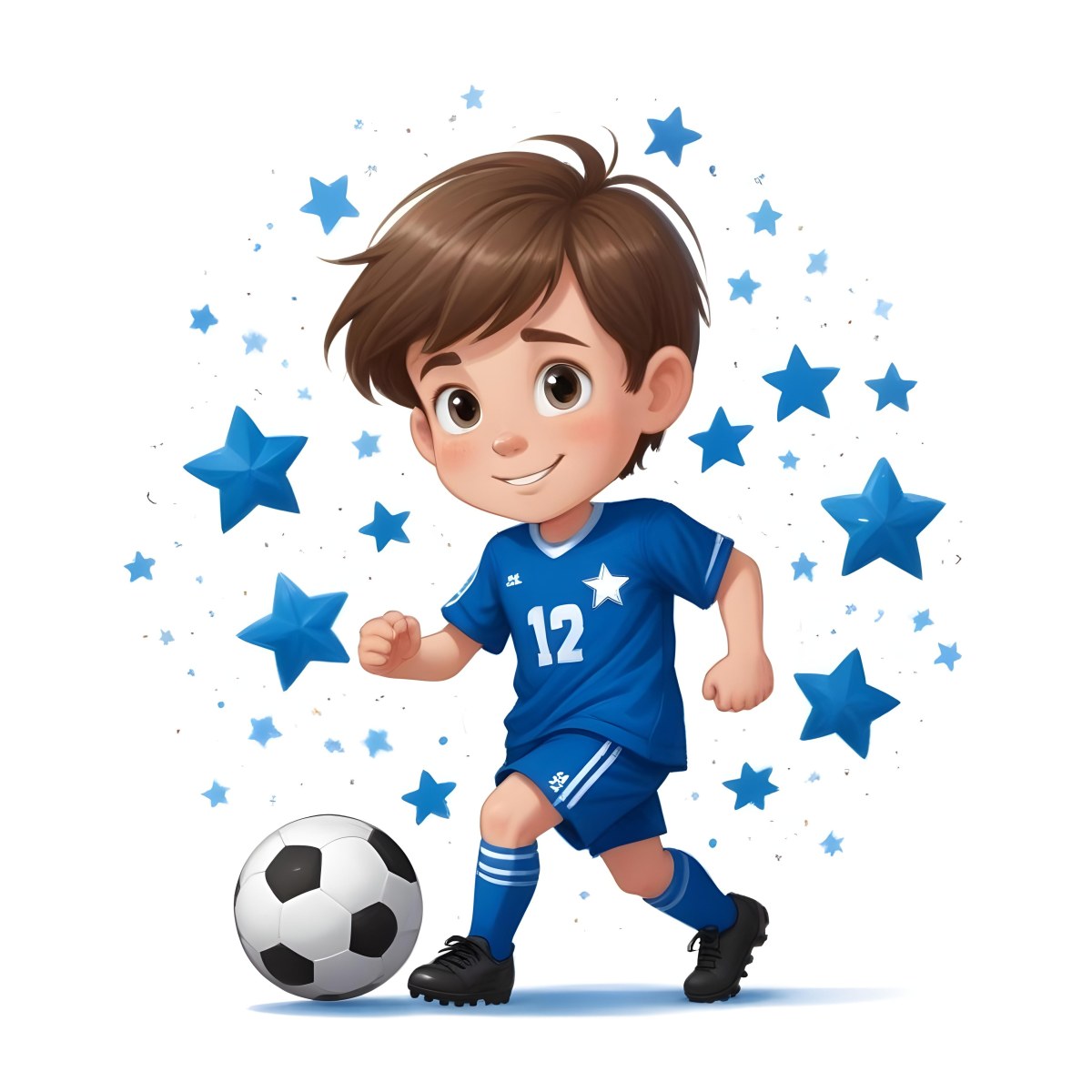 A 7 Year Old White Boy With Brown Hair Wearing A Blue Soccer Uniform Playing With A Soccer Ball Soccer Balls And Blue Stars In The Background 51 8fba