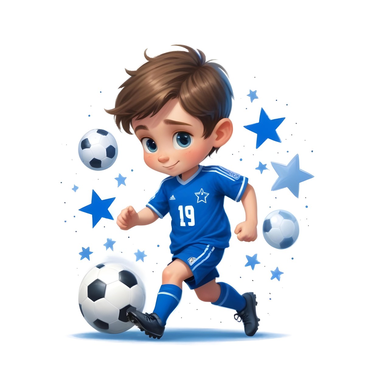 A 7 Year Old White Boy With Brown Hair Wearing A Blue Soccer Uniform Playing With A Soccer Ball Soccer Balls And Blue Stars In The Background 54 5b26