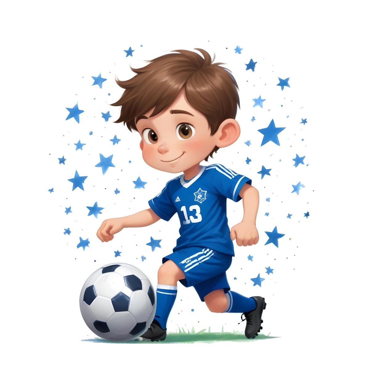 A 7 Year Old White Boy With Brown Hair Wearing A Blue Soccer Uniform Playing With A Soccer Ball Soccer Balls And Blue Stars In The Background 56 C987